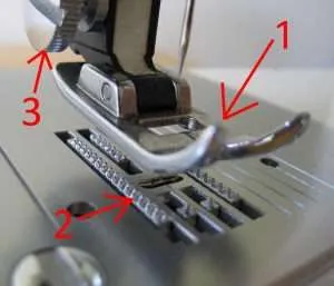 Sewing machine with its main parts labelled, including take-up lever, needle bar and feed dogs
